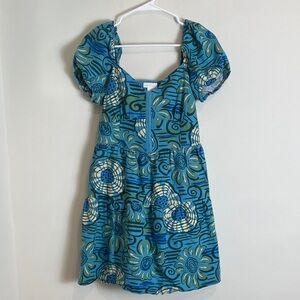 House of Harlow 1960 Linen Blend Puff-Sleeve Blue floral Mini Dress Size M